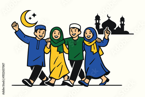 muslim friends walking together happily