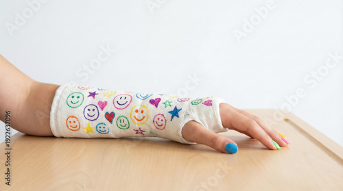 Teen girl hand with colorful nails extended from arm cast decorated with smiling doodles on blank school table with white background.
