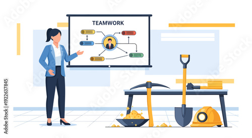 Woman presenting teamwork strategy with mining tools on a table.