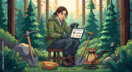 Woman prospector using tablet for gold mining in forest.