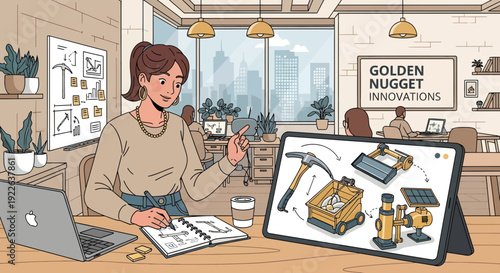 Woman sketching mining tools and equipment on a tablet.