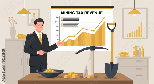 Businessman presenting mining tax revenue growth with gold and tools.