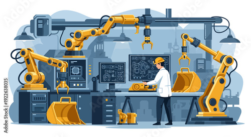 Engineer overseeing robotic arms in a modern industrial setting.