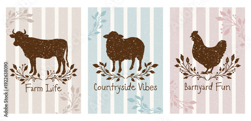 Hand-drawn farm animal vector poster designs set with cow, sheep, and chicken, pastel colors, rustic textured silhouettes, cottagecore style, perfect for prints and home decor