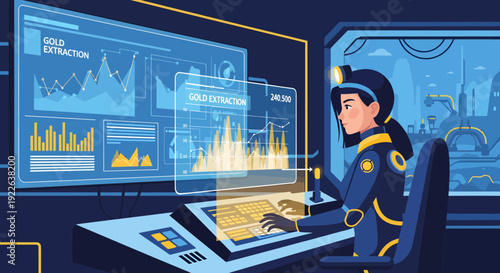Female scientist analyzing data on futuristic computer interface.