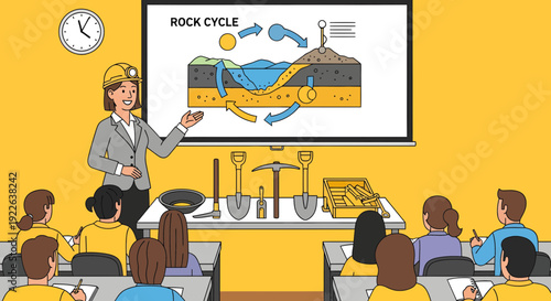 Female teacher explaining rock cycle to students in a classroom setting.
