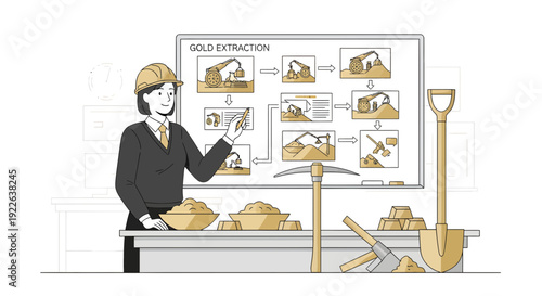 Geologist Explaining Gold Extraction Process with Mining Tools and Gold Nuggets.