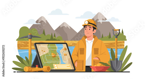 Geologist with tablet analyzing geological map for mineral exploration.