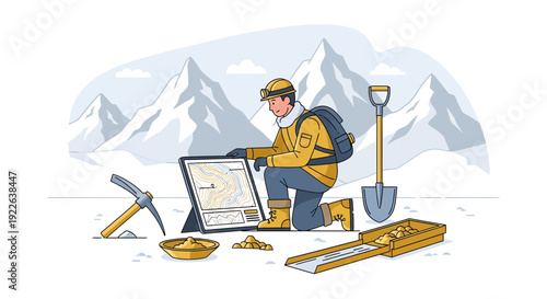Gold prospector using tablet for mining exploration and discovery.