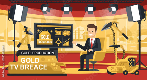 Male news anchor reporting on gold production and market trends in a TV studio.