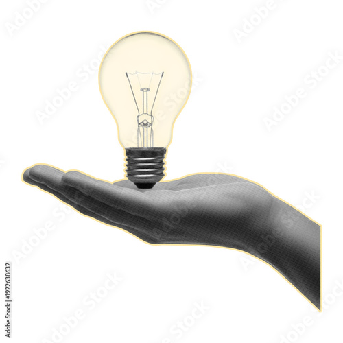 Hand holding light bulb halftone collage. Ideas trendy retro halftone collage element isolated on transparent background.