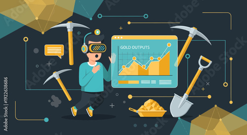 Man in VR headset exploring virtual reality mining with tools.