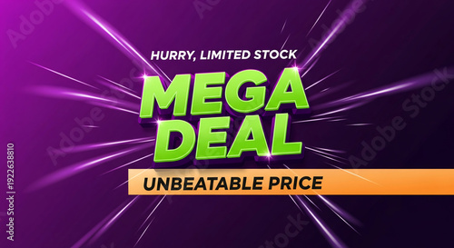Image with green text mega deal and unbeatable price on a orange stripe, representing promotion, retail, and limited time offer, on a purple background