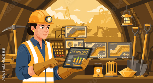 Miner in hard hat and safety vest holding a tablet.