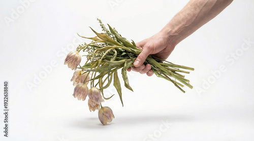 Hand holding wilted tulips with drooping heads and curling petals on white background with soft studio light showing lost freshness.