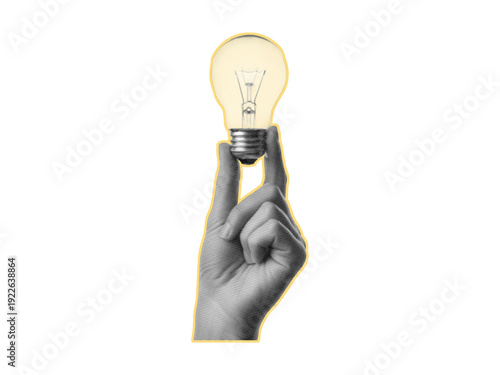 Hand holding light bulb halftone collage. Ideas trendy retro halftone collage element isolated on transparent background.