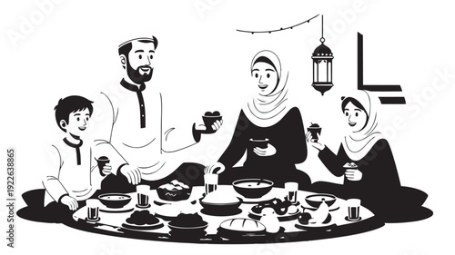 Family iftar in monochrome minimalist style with soft lighting on round dining table for cultural celebration