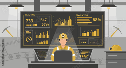 Mining engineer monitoring operations in control room.