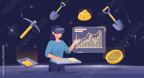 Person in VR headset interacting with virtual data and mining tools.