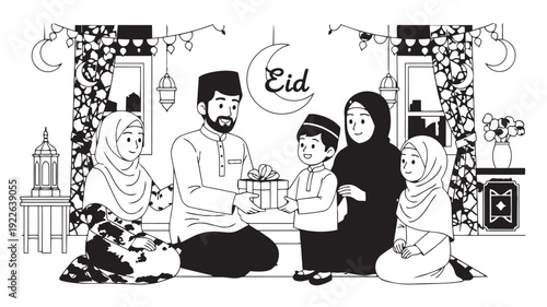 Muslim Family Celebrating Eid in Traditional Attire with Gift Giving in Monochrome Illustration for Cultural Events
