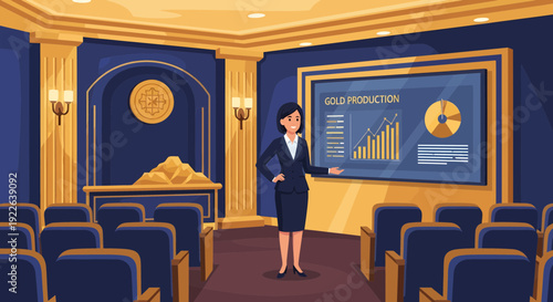 Professional businesswoman presenting financial data in a formal setting.