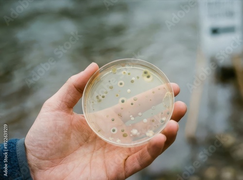 Petri dish with microbial colonies held in a hand, environmental sampling and microbiology testing concept with blurred outdoor background
