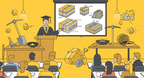 Professor teaching geology class about mining and precious metals.