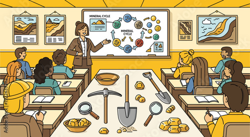 Teacher explaining geology to students in a classroom with mining tools.