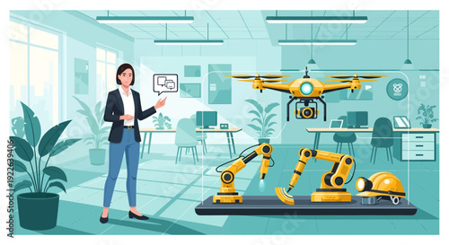 Woman presenting advanced robotics and drone technology in a modern office setting.