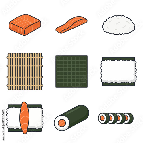 Salmon Sushi Making Steps Flat Vector Illustration Set