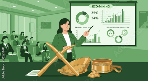 Woman presenting eco mining data with pickaxe and gold pan.