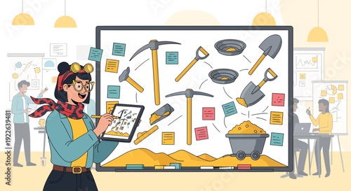 Woman presenting data mining tools and concepts on a digital tablet.