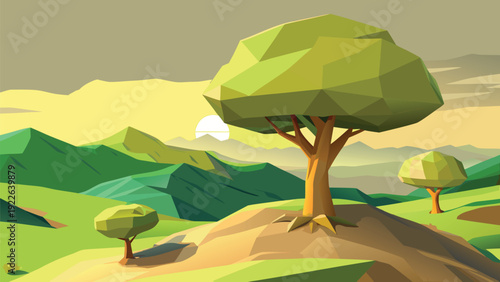 A serene landscape featuring a solitary tree on a gently sloping terrain with vibrant greenery
