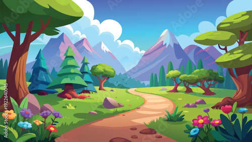Whimsical forest scene with a winding path leading to a picturesque mountain backdrop.