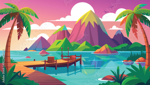 Tranquil tropical paradise with a small boat on a serene lagoon under colorful skies