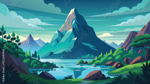 Whimsical mountain landscape with serene lake and lush forests