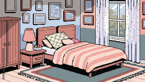 Pixel Art Cozy Bedroom Interior Room Background Vector