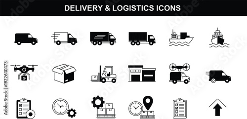 Delivery logistics icons, transportation, shipping, warehouse, drone, forklift, scooter, van, truck, cargo ship, package, checklist, gears, location pin, upward arrow, supply chain illustration