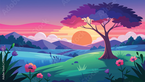 Serene sunset over a peaceful meadow with blooming wildflowers and a tall tree