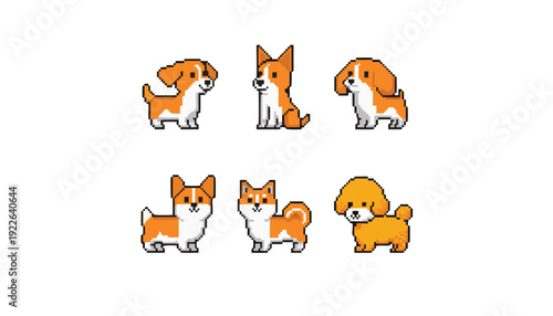 Cute Pixel Art Dog Puppy Character Mascot Set Vector