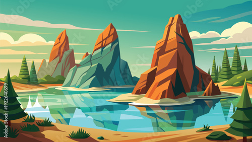 Majestic mountains reflecting in a serene, turquoise lake under a bright sky