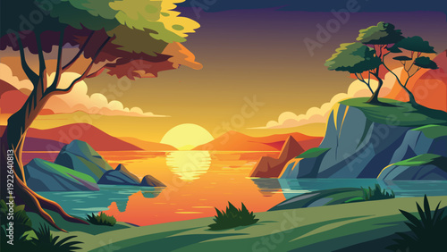 Serene twilight landscape with mystical trees and vibrant sky hues