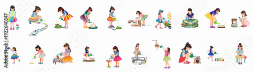 Whimsical Girls Gardening and Nurturing Nature Illustrations: Childhood Joy in Enchanting Green Spaces with Magical Elements