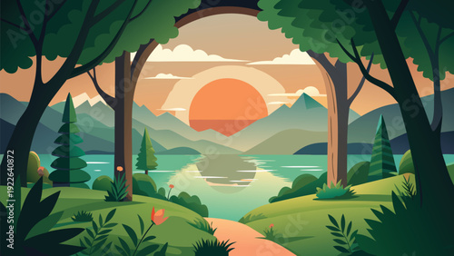 Serene forest path leading to a peaceful sunset horizon