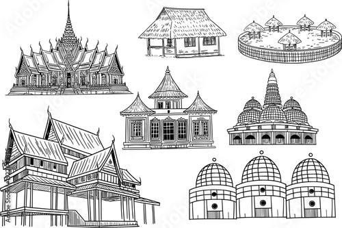 Hand drawn set of traditional Asian architecture icons featuring temples houses and pavilions in black and white line art style