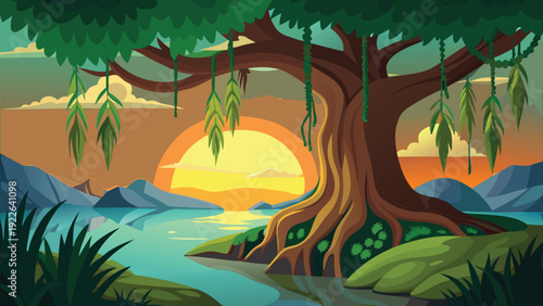 Mysterious forest scene with a large tree and golden sunset glow