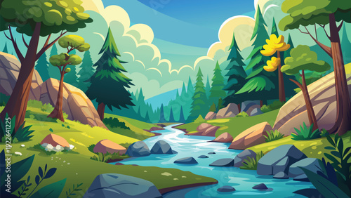 Serene forest landscape with crystal-clear stream and autumnal colors