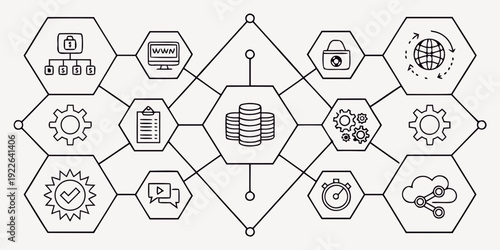 Conceptual diagram illustrating secure data management and interconnected information systems, featuring various technology and business process icons for data flow, security, and optimization