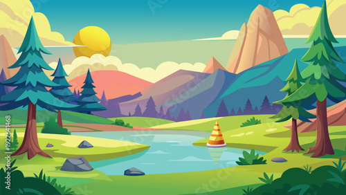 Serene lakeside landscape with majestic mountains and lush forests