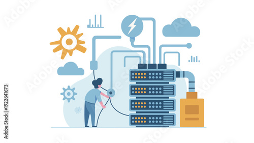 Engineer Maintaining Server Infrastructure with Cable.